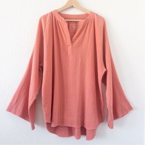 Karyn Seo Coral Pink Cotton Boho Oversized Tunic Top Size Large